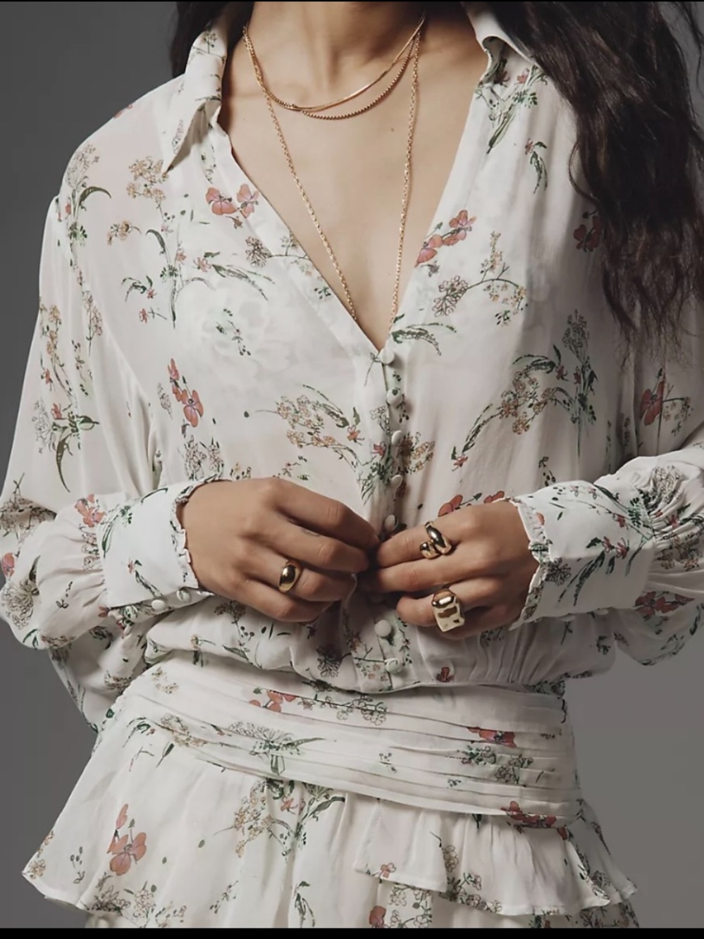Anthropologie White Floral Button-Front Blouse